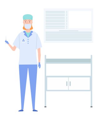 Bir hemşire enjeksiyon vektör çizimi yapmaya hazır. Sabahlıklı bir kız elinde şırıngayla duruyor.