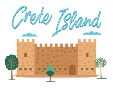 Crete Adası davetiye kartı çizimi. Ağaçlarla çevrili ortaçağ kalesi
