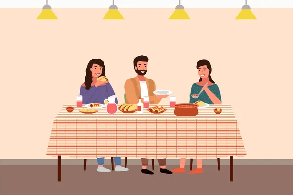 Famille lors d'un dîner à la mexicaine. fille met salsa sur un guy s plaque vecteur illustration — Image vectorielle