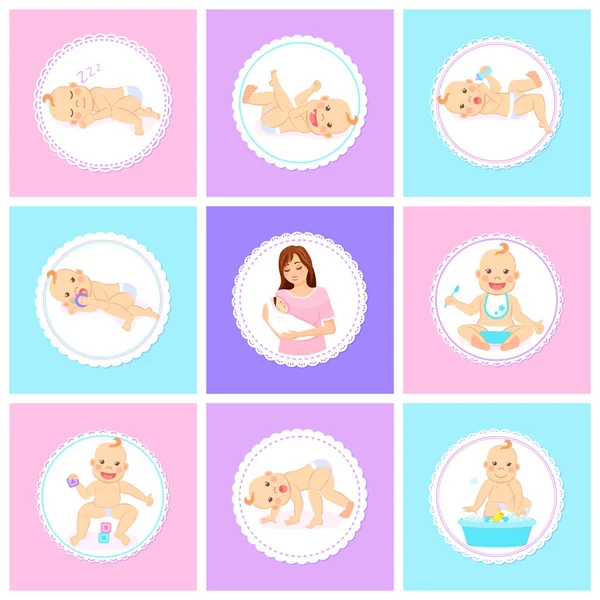 Bebê em poses diferentes, coleção de bebês, mãe com bebê a mãos, recém-nascidos, emoções do bebê —  Vetores de Stock