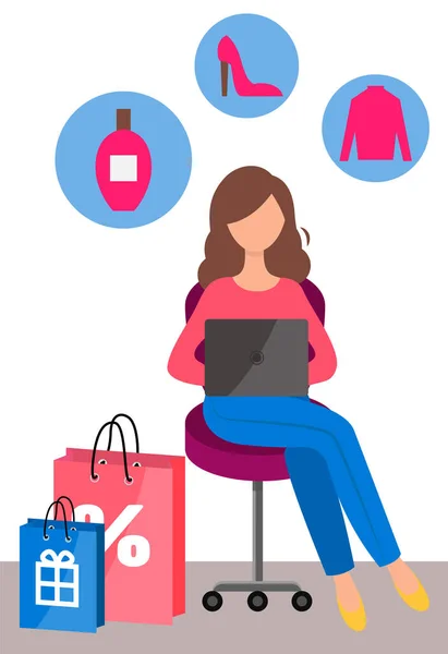 Woman with laptop is ordering garment and perfumes on the internet. Girl buys clothing online — Stock Vector