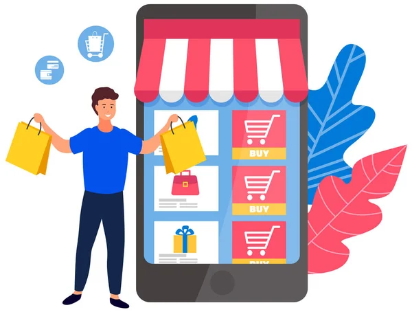 Концепция покупок онлайн. Счастливый человек стоит с сумкой рядом со своим смартфоном выбирает продукты — стоковый вектор