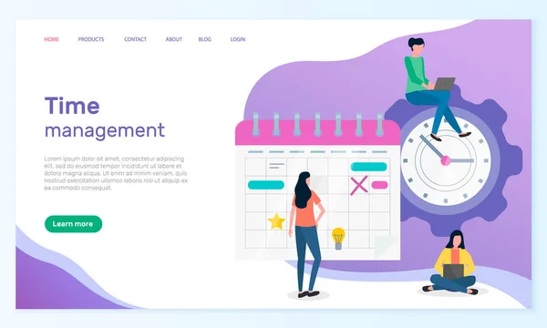 Landing page of business website, time management, organizing effective time, planning dates — Stock Vector