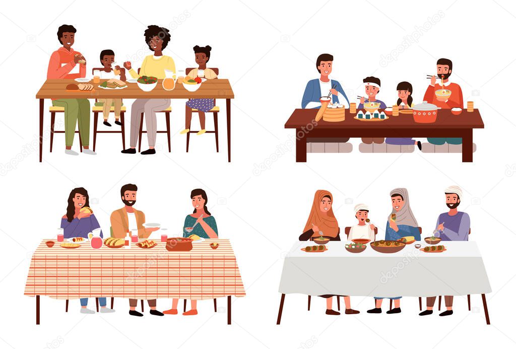 Set of illustrations on a theme of family dinner in different countries. Tasting of national dishes