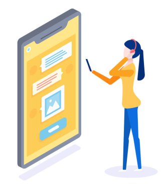 Uzaktan iletişim konsepti vektörü, telefonda tıbbi uygulama kullanan doktorla istişare