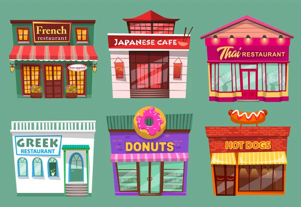 Restaurantes japoneses y tailandeses, franceses y griegos — Vector de stock