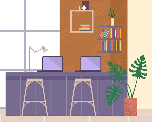 Diseño de interiores de oficina de espacio de trabajo, lugar de trabajo con mesa cerca de la ventana, computadoras portátiles, estantes con libros — Vector de stock