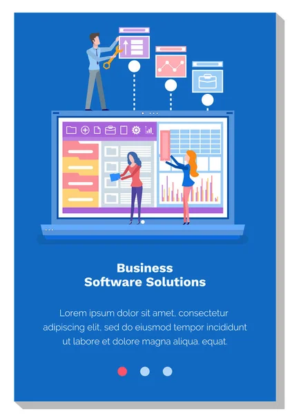 Folk tillverkar mjukvarulösningar. Kollegor arbetar med teknik. Mall för webbsida — Stock vektor