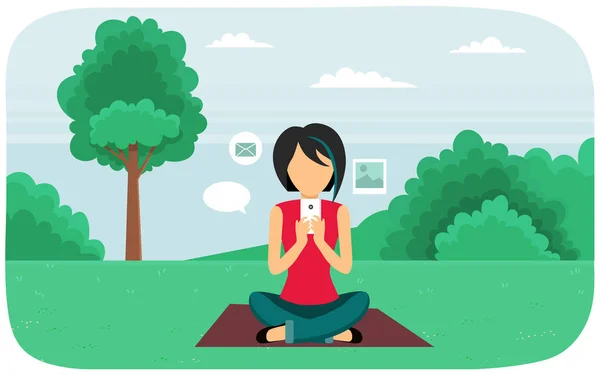 Central City parkında çimenlikte oturan bir kadın akıllı telefon kullanarak sohbet ediyor ve mesajlar yolluyor. — Stok Vektör