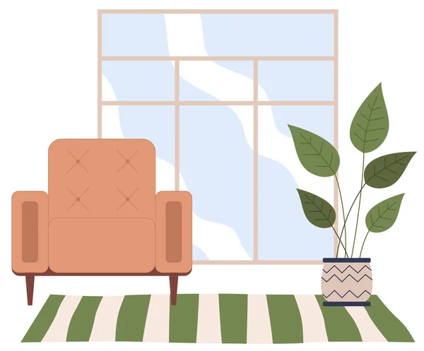 줄무늬 카펫 위에 질긴 안락 의자에 화분이 있는 식물. 거실 가구 디자인, 현대식 실내 실내 디자인 — 스톡 벡터