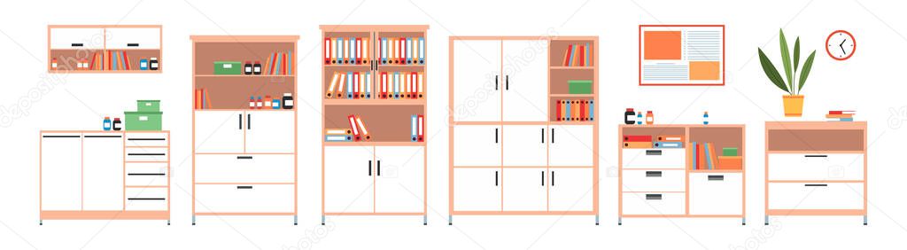 Set of illustrations about cabinets for interior of medical office. Hospital furniture arrangement