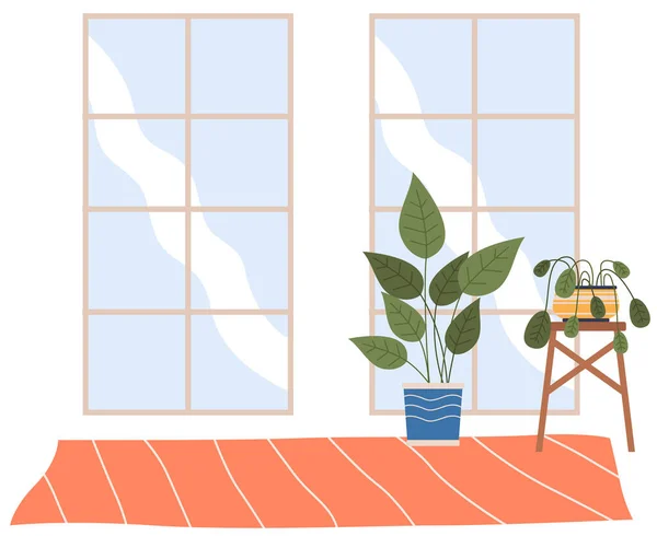 나무 받침대와 카펫에 두 개의 투명 한 창문과 화분 식물이 있는 거실 — 스톡 벡터