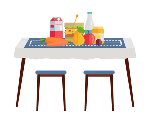 Tafel met gezond natuurlijk voedsel, gezonde maaltijdgroenten, fruit, geïsoleerd op witte achtergrond — Stockvector