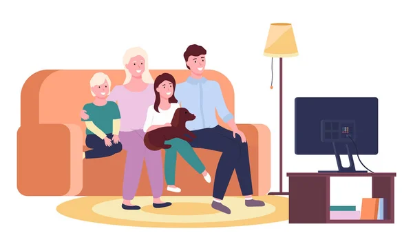 Bonne famille mère, père, fille, fils et chien regardant la télévision assis ensemble sur le canapé à la maison — Image vectorielle