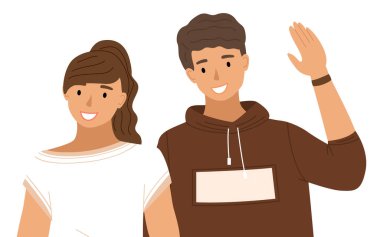 Beyaz arka planda izole edilmiş gündelik giysiler içindeki gençler. Arkadaşlar erkek ve kız, birbirine aşık çift.
