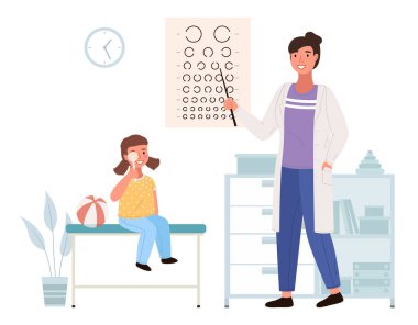 Göz doktoru çocuğun görüşünü kontrol ediyor. Tıp bürosunda görsel keskinliği test etmek için bir tablo