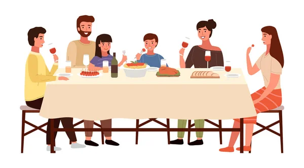 Familia en una cena de estilo italiano. Los familiares se comunican en la mesa de comedor — Vector de stock