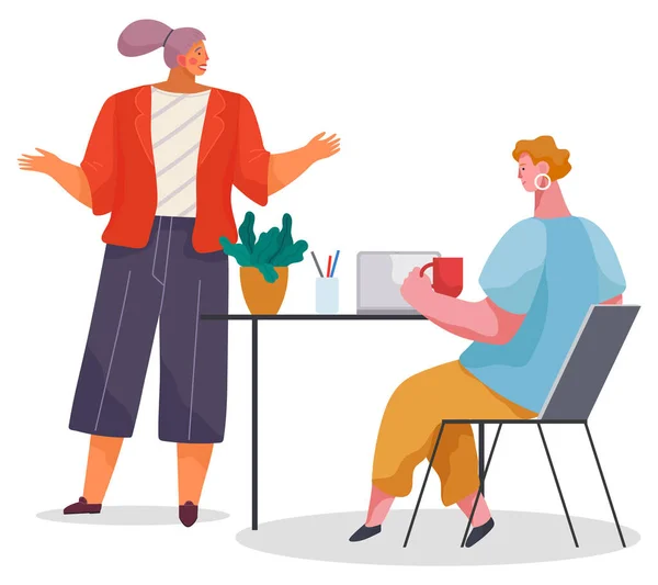 Vrouwen in functie, discussie, roddels. Het meisje aan tafel met laptop, vrouw met een helder jasje — Stockvector