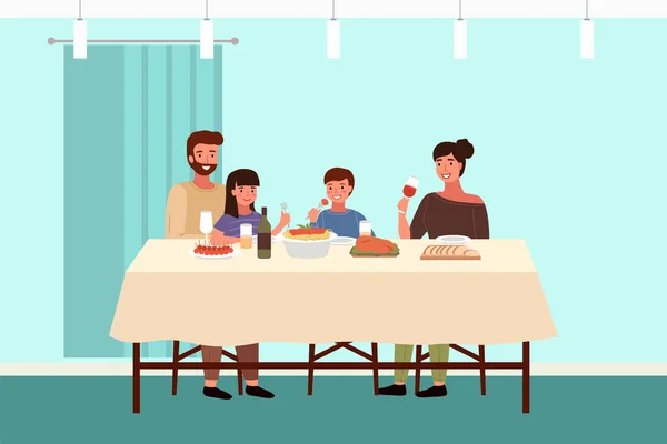 La gente está comiendo comida italiana en su apartamento. La familia está cenando juntos en casa — Vector de stock