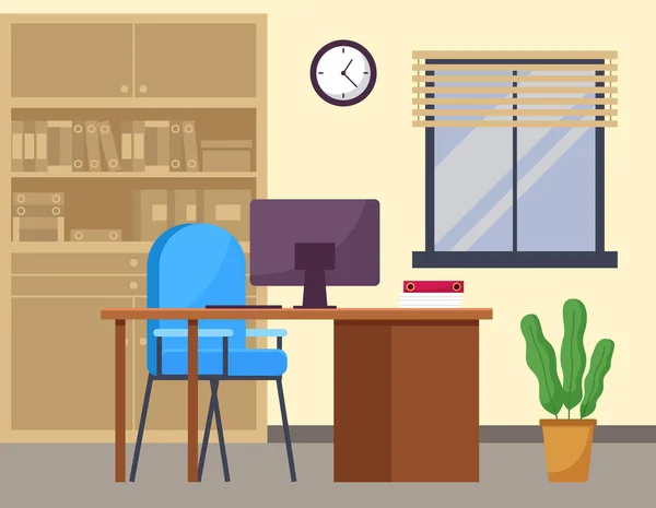 Diseño plano moderno del lugar de trabajo. Silla de oficina y escritorio de oficina con pila de libros en habitación cómoda — Vector de stock