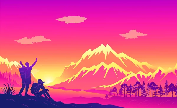 ภูมิทัศน์ภูเขาที่สวยงาม เวลาพระอาทิตย์ตกดิน รูปแบบของนักท่องเที่ยวที่กําลังถ่ายรูป — ภาพเวกเตอร์สต็อก