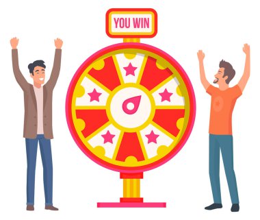 Şans tekerleği konsepti. İnsanlar şans çemberi ve piyango düz stiliyle risk oyunu oynuyorlar.