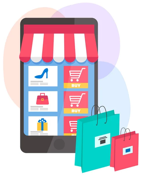 Applicazione per lo shopping online su uno schermo del telefono. Pacchetti con illustrazione vettoriale acquisti — Vettoriale Stock