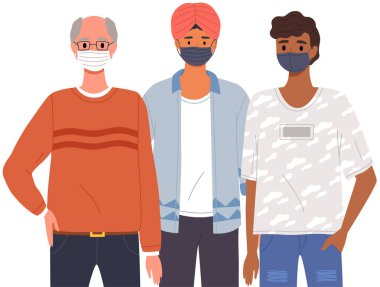 Erkek karakterler tıbbi maske takıyor. Pandemik vektör çizimi sırasında koronavirüs