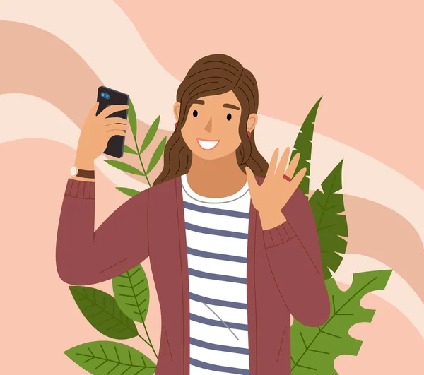 Mädchen beim Selfie. Der weibliche Pessimist macht ein Foto. Illustration eines Mädchens mit ihrem Smartphone — Stockvektor