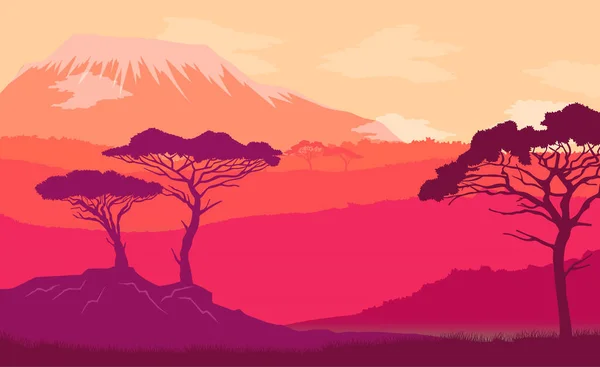 Fondo natural de paisaje de sabana con picos de montaña nevados, tiempo de puesta del sol cielo despejado — Vector de stock