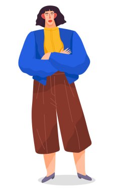Woman standing with arms crossed on chest. Girl in blue jacket and yellow blouse. Office worker vector Woman standing with arms crossed on chest. Girl in blue jacket and yellow blouse. Office worker vector