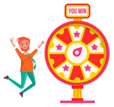 Şans tekerleği konsepti. Şans çarkı ve piyango ile kumar oynayan adam.