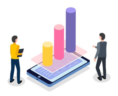 İşadamları finansal tabloyu inceler, tüccarlar da piyasayı inceler. Beyaz üzerine düz vektör resmi