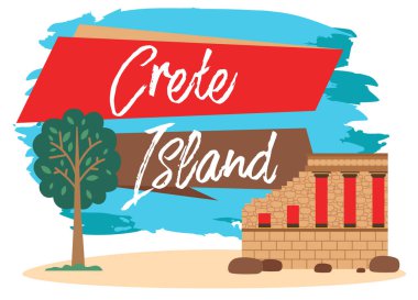 Üzerinde bir simge resmi olan kartpostal. Antik binalar ve zeytin ağacı çizimi