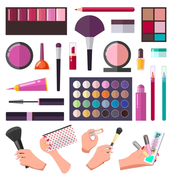 Conjunto de maquiagem, diferentes ferramentas ou instrumentos para visagiste, mãos femininas com equipamentos de cosméticos — Vetor de Stock