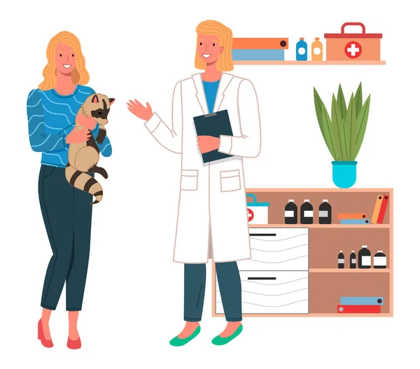 Κτηνιατρική φροντίδα επίπεδη απεικόνιση. Κτηνίατρος γυναίκα πληρούν κορίτσι με ρακούν στο ιατρικό γραφείο — Διανυσματικό Αρχείο