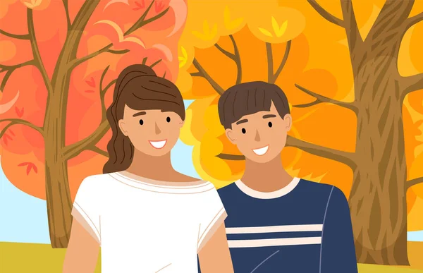Os jovens retratam contra o fundo das árvores de outono. Amigos cara e menina, casal apaixonado —  Vetores de Stock