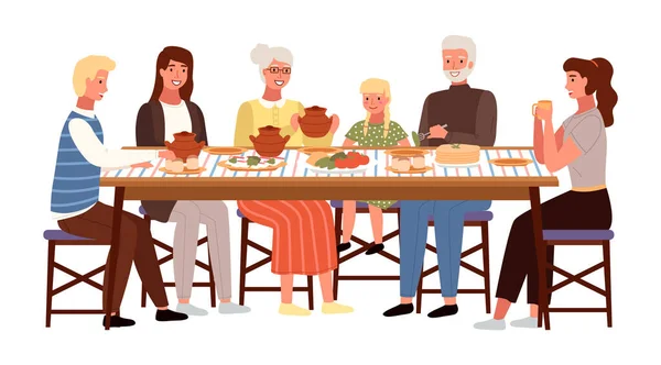 Les gens mangent de la nourriture ukrainienne. Grande famille dîner avec bortsch et bacon dans le restaurant — Image vectorielle