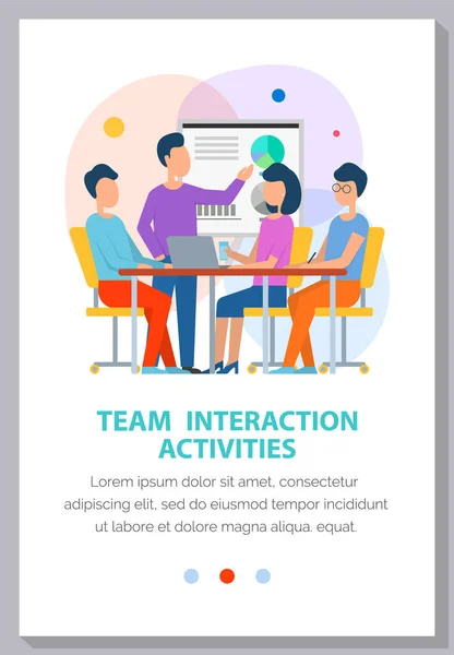 Atividade de interação de equipe, reunião e conceito de formação de equipe. Chefe dando apresentação para os funcionários — Vetor de Stock