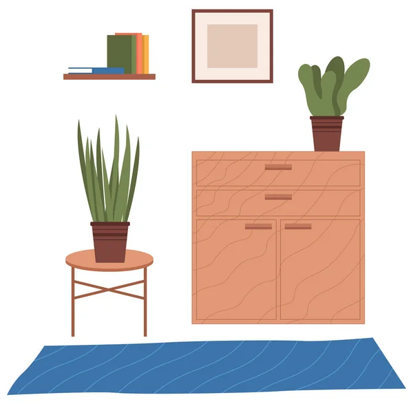Vector-Cartoon-Hintergrund des Wohnzimmers mit Kommode, Couchtisch, Pflanzen, Bücherregal an der Wand — Stockvektor