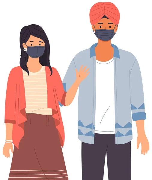 Indiano homem e menina vestindo máscaras médicas. Casal multinacional em auto-isolamento durante pandemia — Vetor de Stock