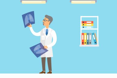 Beyaz önlüklü profesyonel onkolog erkek karakter doktoru. Kanser hastalığı tanısı ve tedavisi