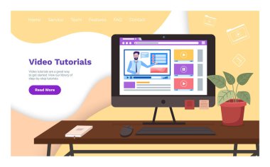 Video dersleri, online kurslar konsepti. Uzaktan bir webinar yönlendiren öğretmen ile bilgisayar monitörü