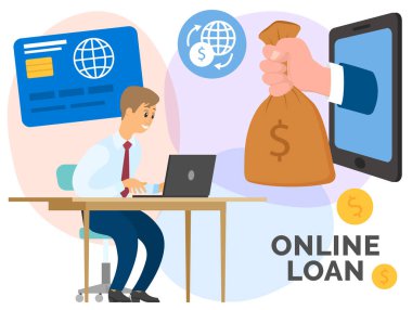 Çevrimiçi kredi vektörü konsepti. Monitörden büyük bir el belirir ve adama para çantası verir.