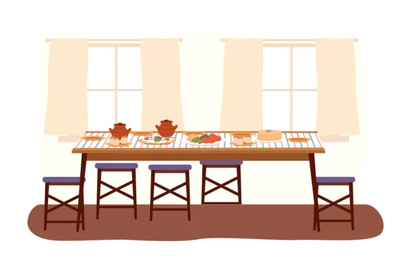 El diseño del comedor ilustración vectorial plana. Mesa de comedor con comida y sillas cerca — Vector de stock