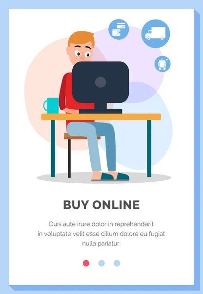 Lagra för online shopping layout. Man med bärbar dator beställer varor med leverans på internet — Stock vektor