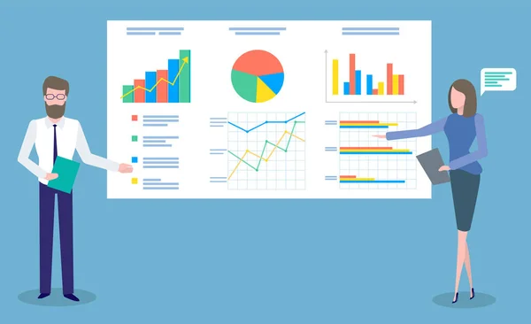 Empresarios dan una presentación y muestra un diagrama. Los gerentes presentan una ilustración del plan de negocios — Vector de stock