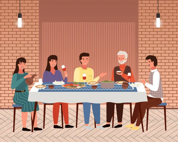 Les gens mangent des aliments traditionnels. Des personnages dînent ensemble au restaurant géorgien — Image vectorielle