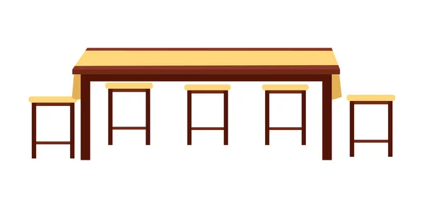 Wystrój wnętrz jadalni. Drewniany stół jadalny z odizolowanymi na białym tle stołkami — Wektor stockowy