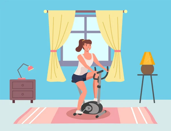 Een vrouw die aan het fietsen is. Illustratie van vrouw met fietstrainer die thuis sport beoefent — Stockvector